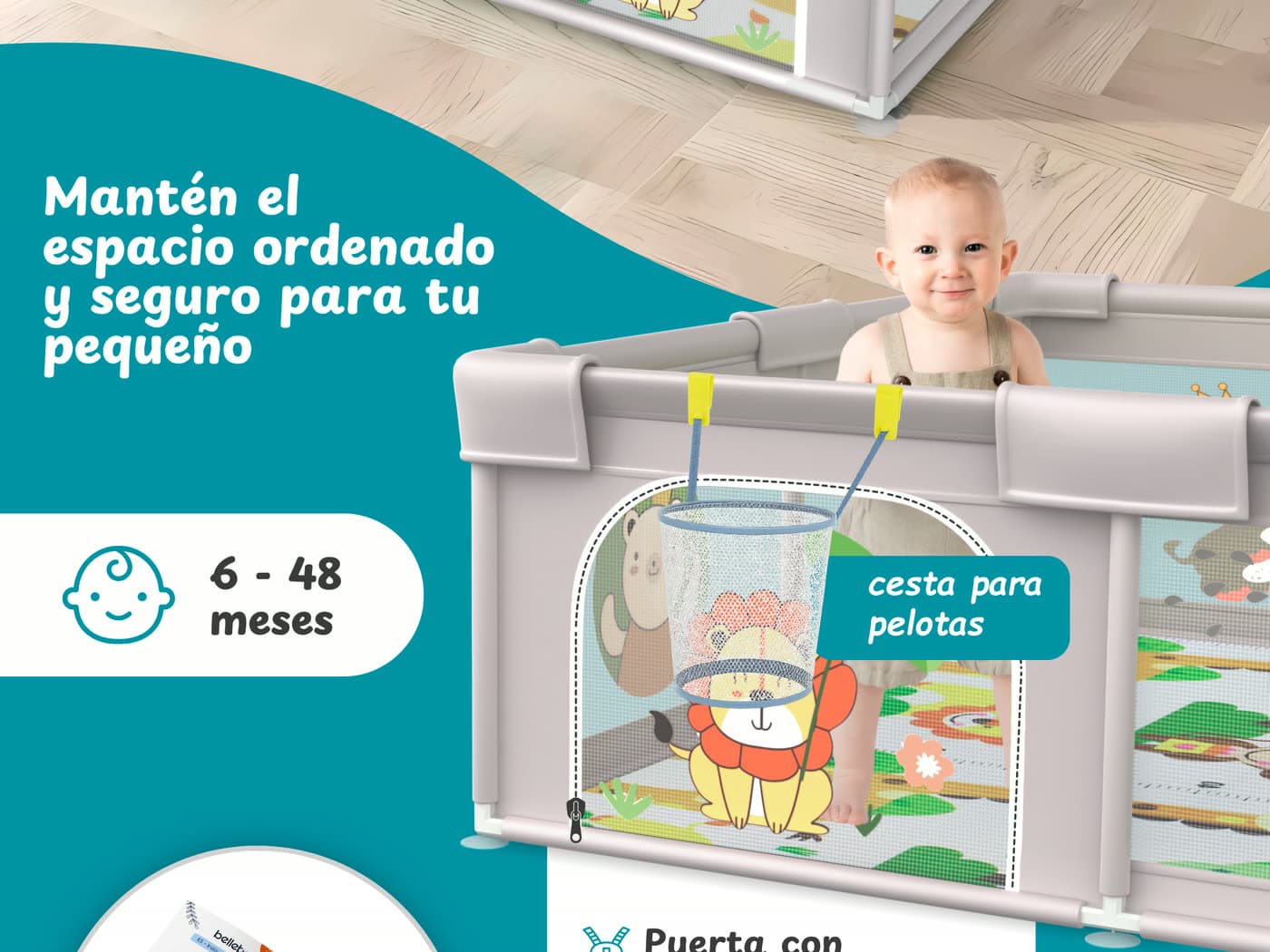 Espacio ordenado y seguro, con cesta para las pelotas